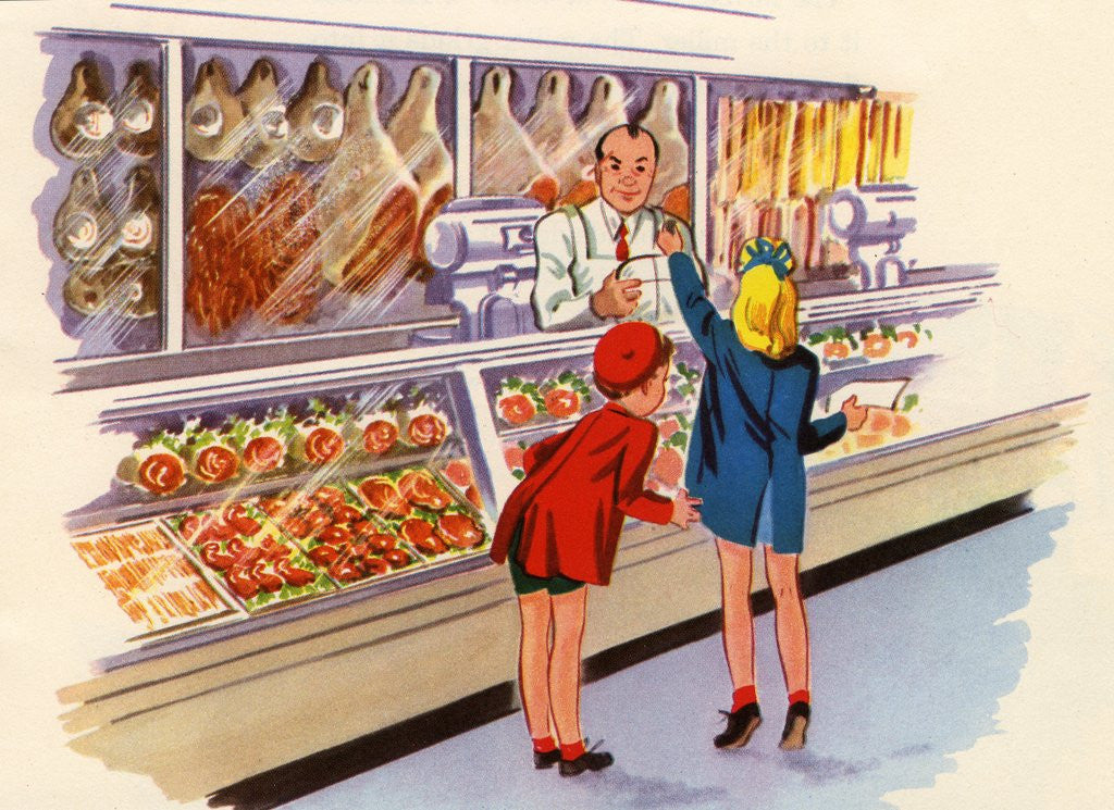 Detail of Boy and girl shopping at butcher shop by Anonymous
