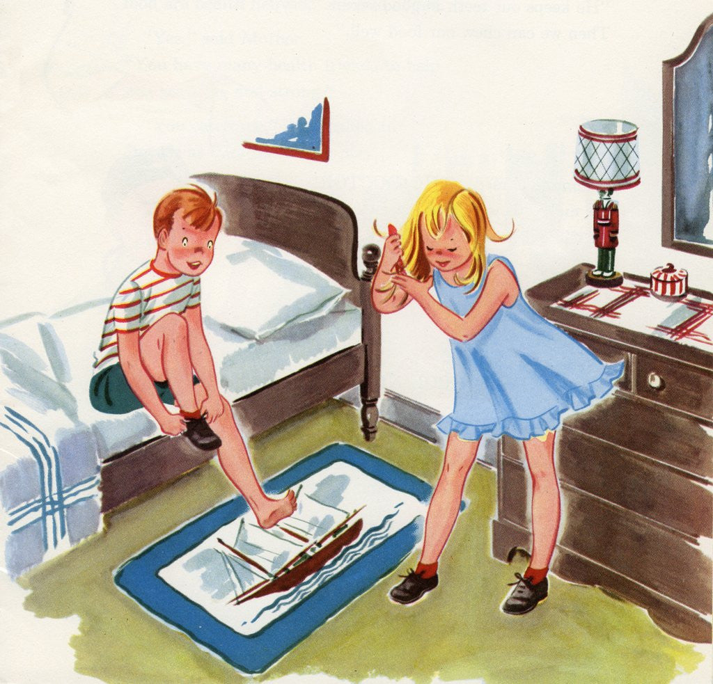Detail of Boy and girl getting ready for school by Corbis