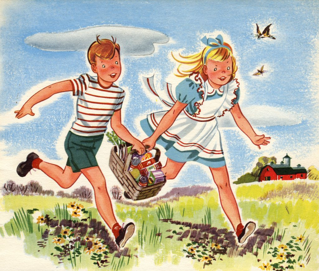 Detail of Boy and girl running with basket of groceries by Anonymous