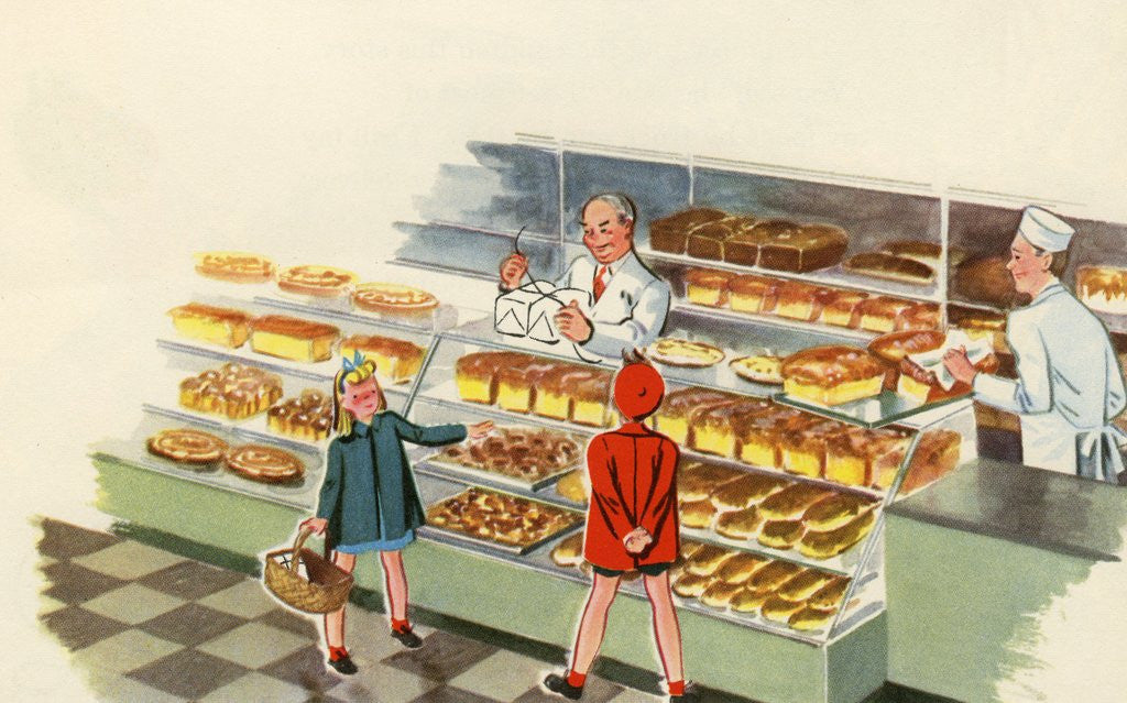 Detail of Boy and girl shopping at bakery by Anonymous