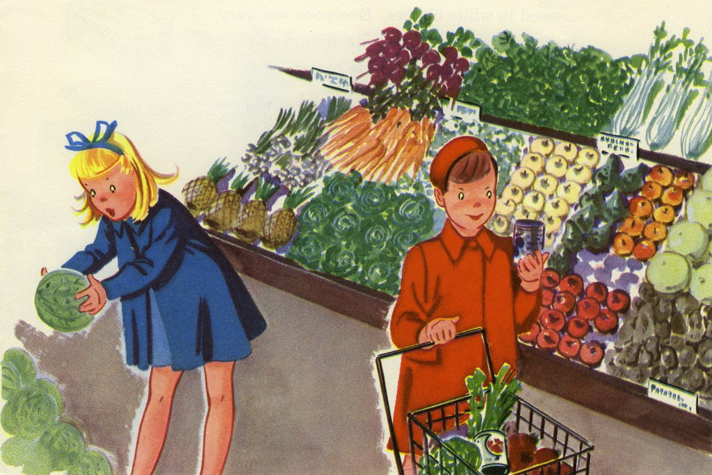 Detail of Boy and girl shopping for produce by Anonymous