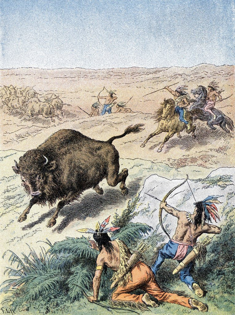 Detail of Native American men hunting bison by Anonymous