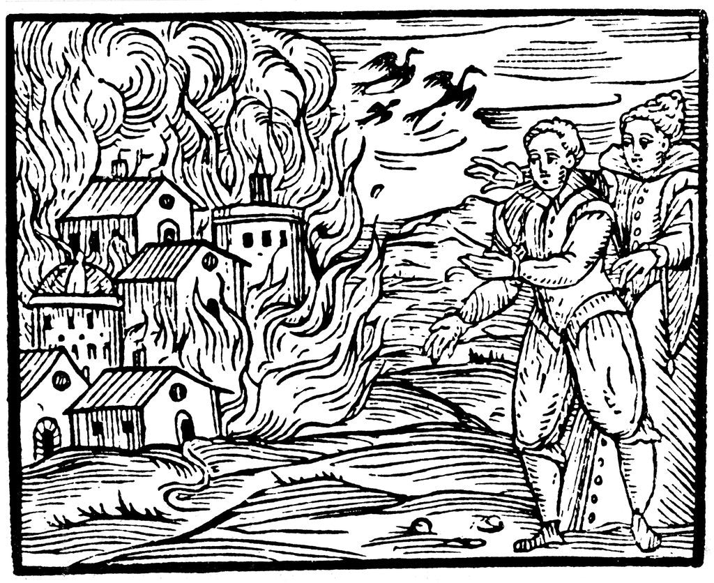 Detail of Witches destroying a house by fire by Anonymous