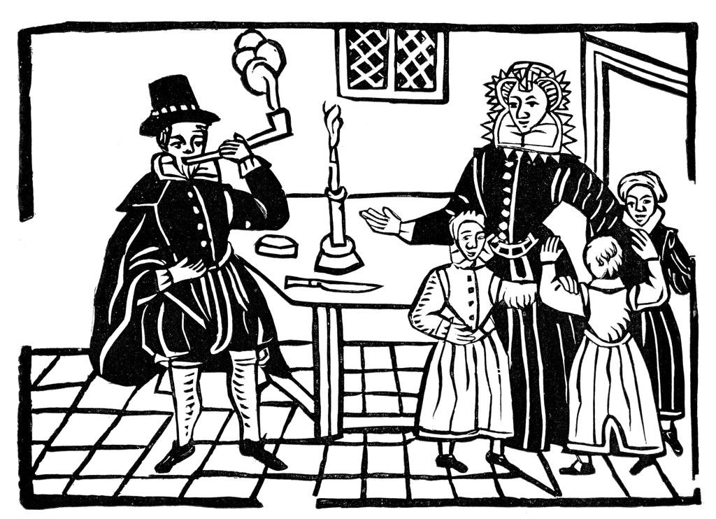 Detail of Man smoking a pipe near his family by Anonymous