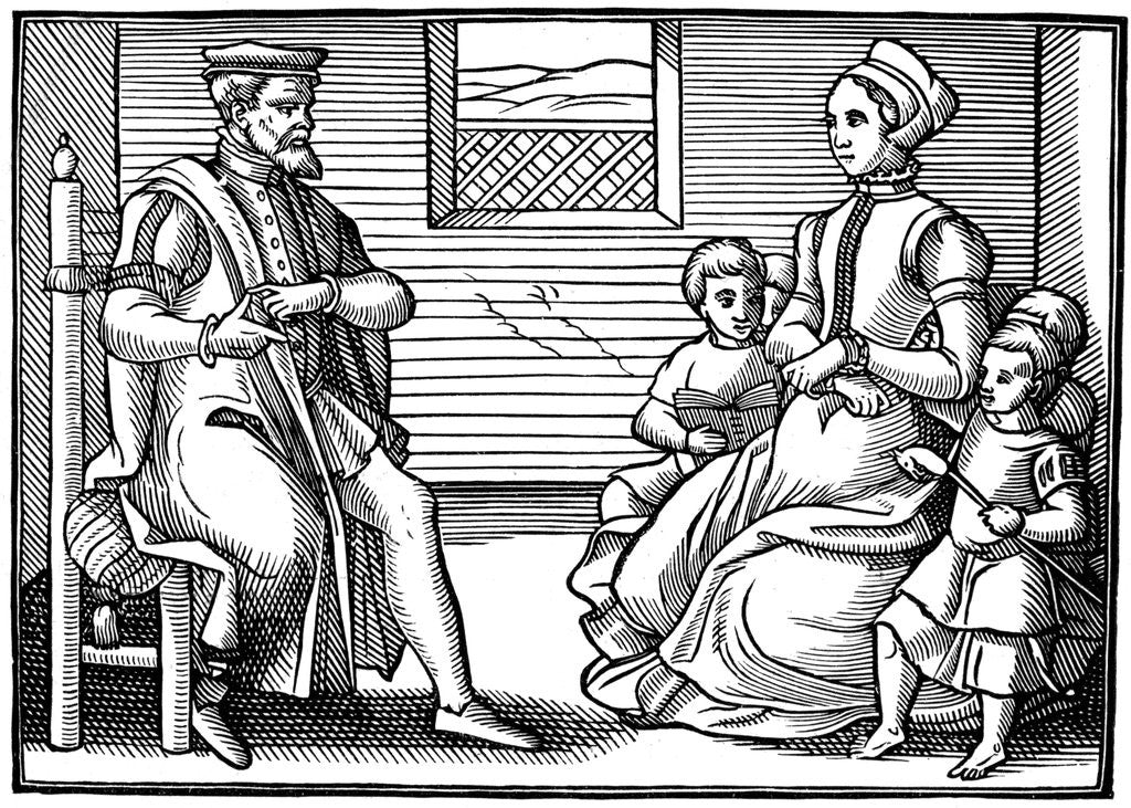 Detail of Woodcut of Puritan family learning to sing psalms by Anonymous