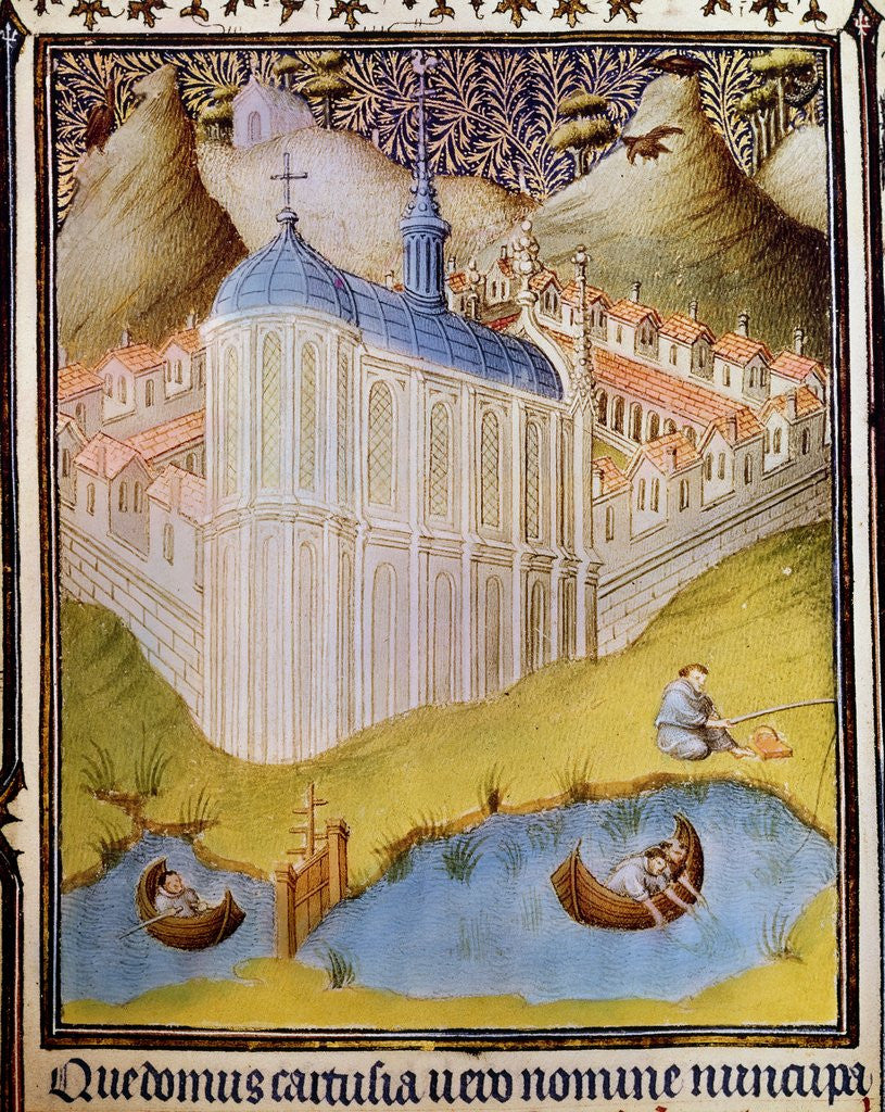Detail of Carthusian monks netting and hooking fish in monastery fishponds at Chartreuse by Anonymous