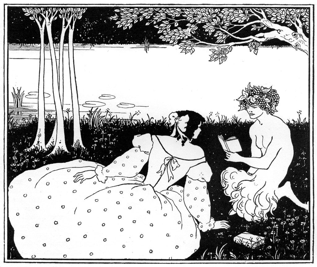 Detail of Pan reading to a woman by a brook by Aubrey Beardsley