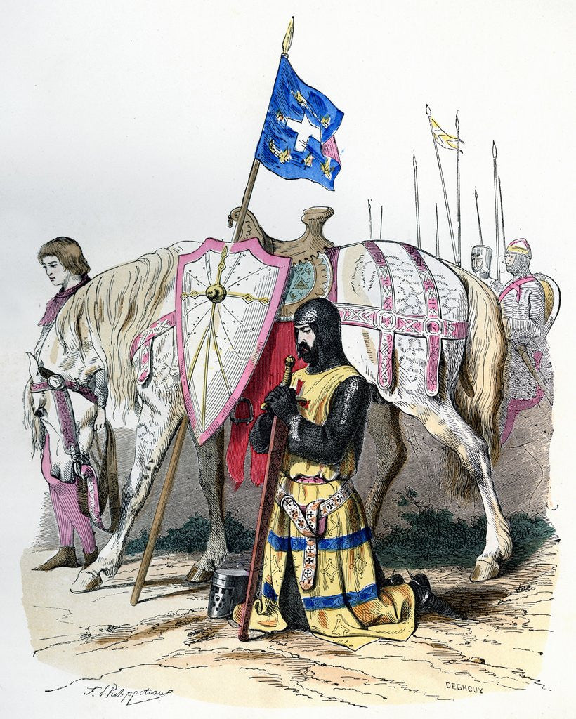 Detail of Knight saying a prayer before departing for the second crusade by Anonymous