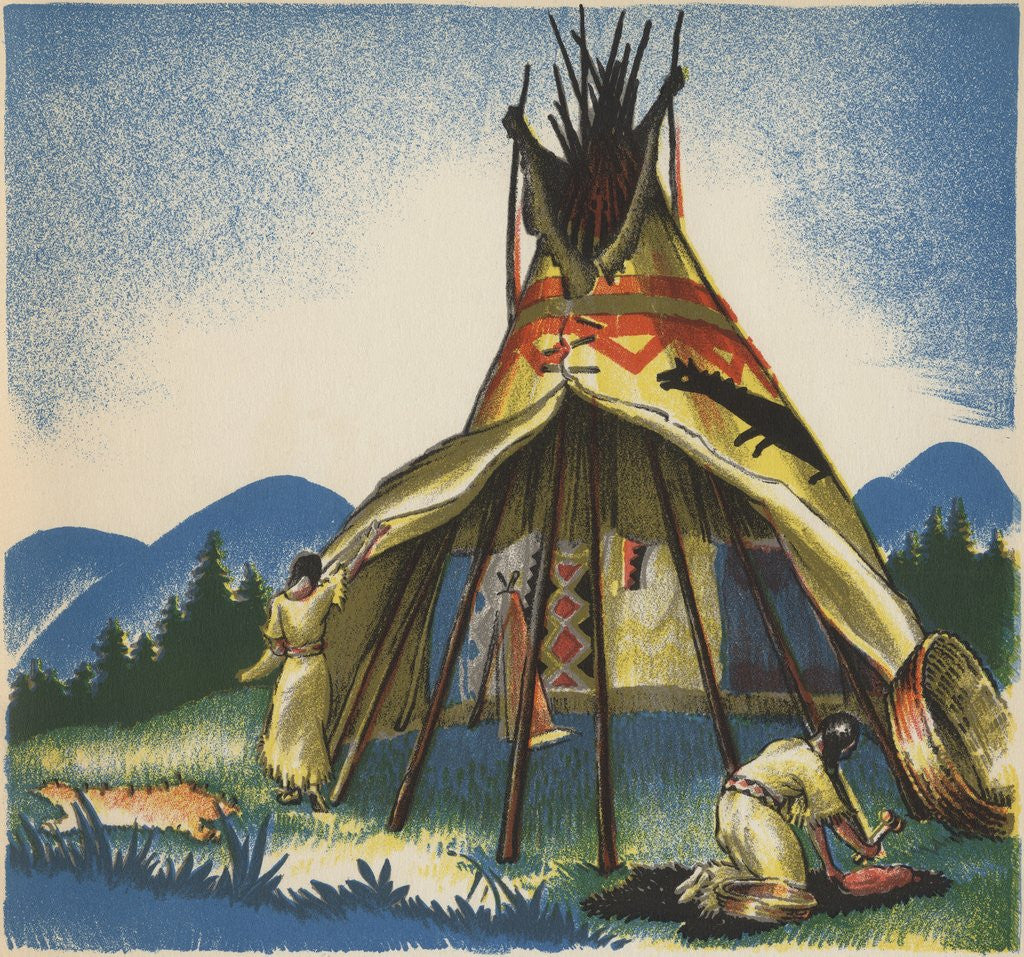 Detail of Women setting up Plains tepee by Corbis