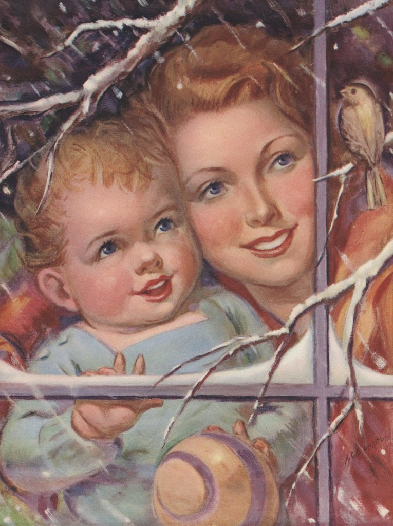 Detail of Mother and child looking at bird through window by Anonymous