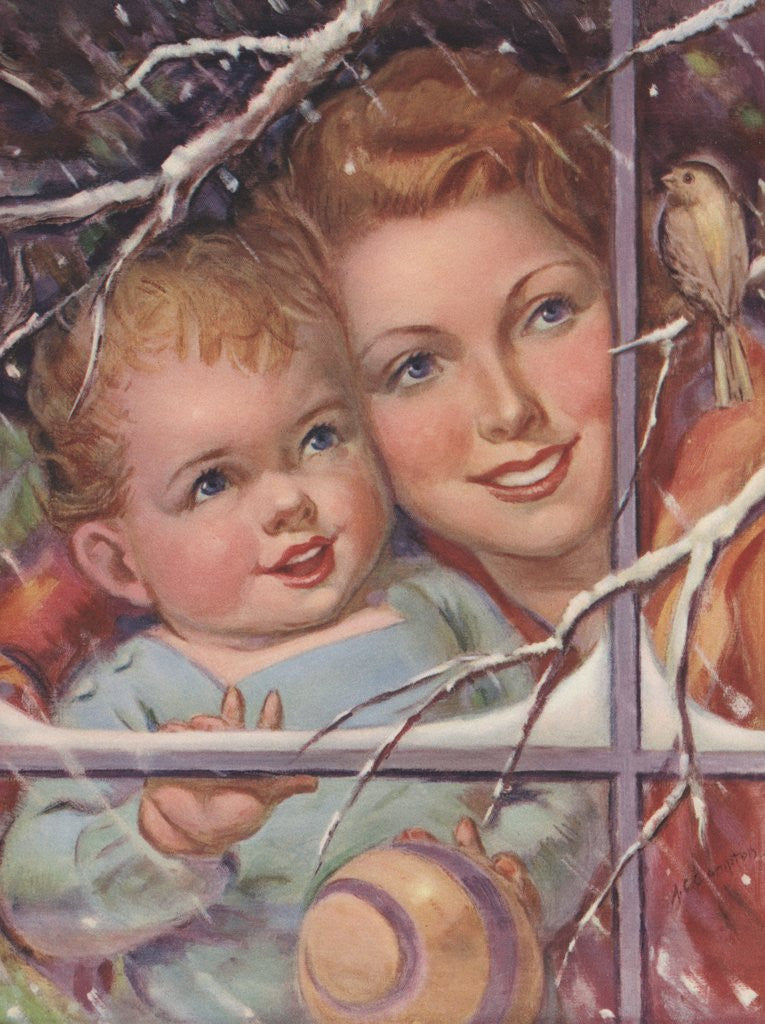 Detail of Mother and child looking at bird through window by Corbis