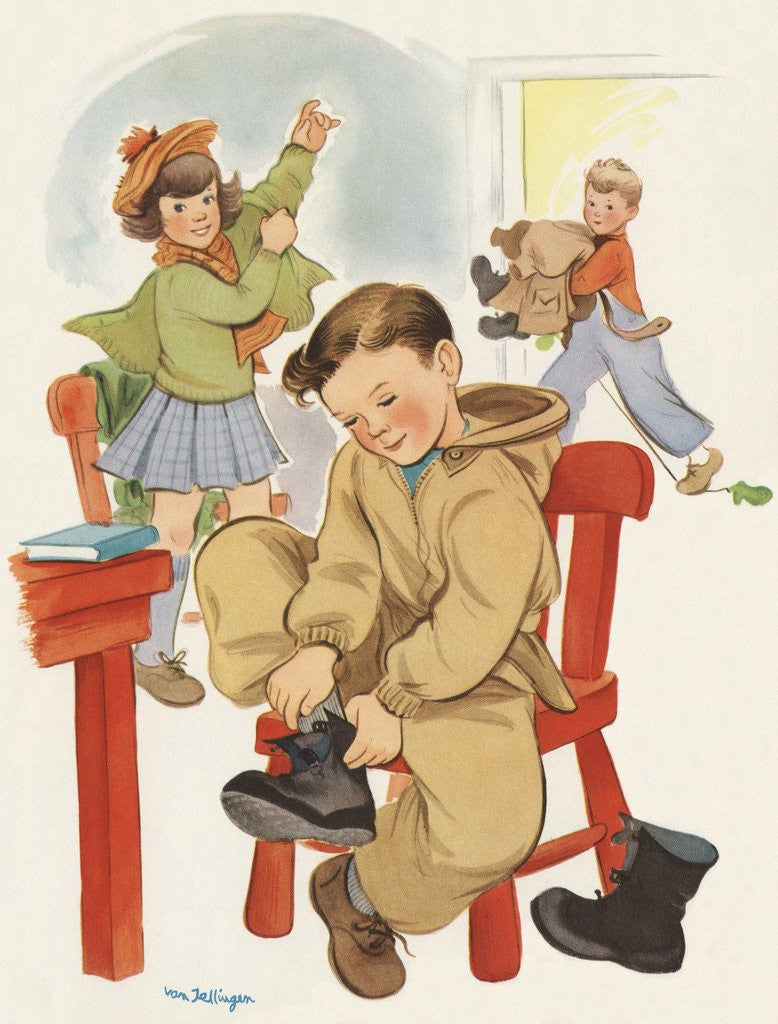 Detail of Children putting on winter clothes for outdoor play by Anonymous
