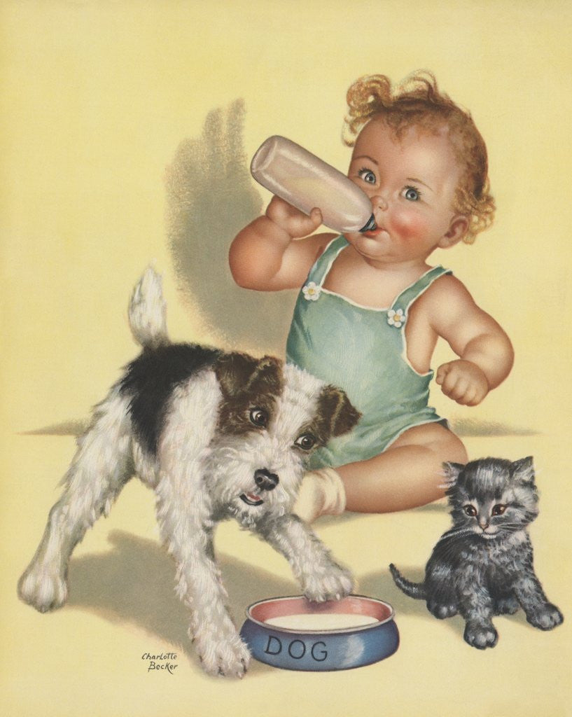 Detail of Baby with dog and kitten by Anonymous