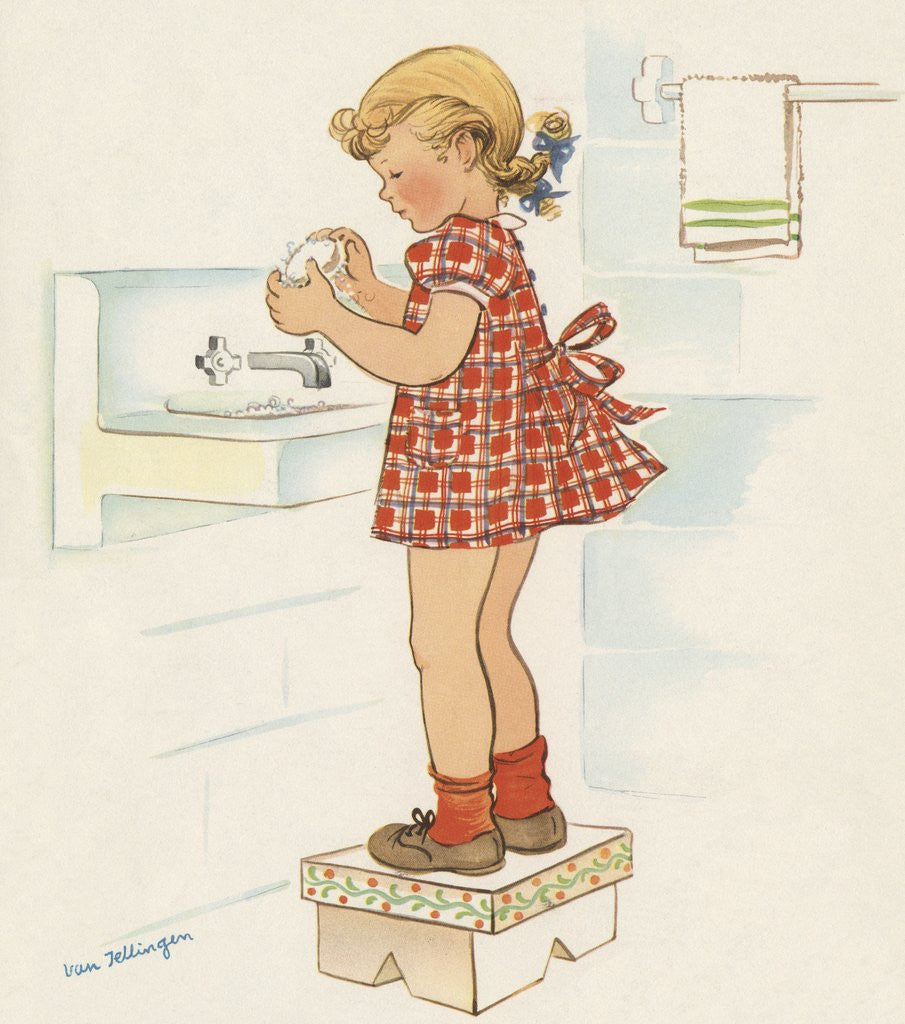 Detail of Girl washing hands at sink by Anonymous