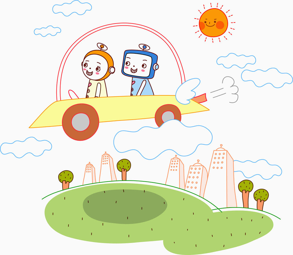 Detail of A Robot Couple in a Flying Car by Anonymous