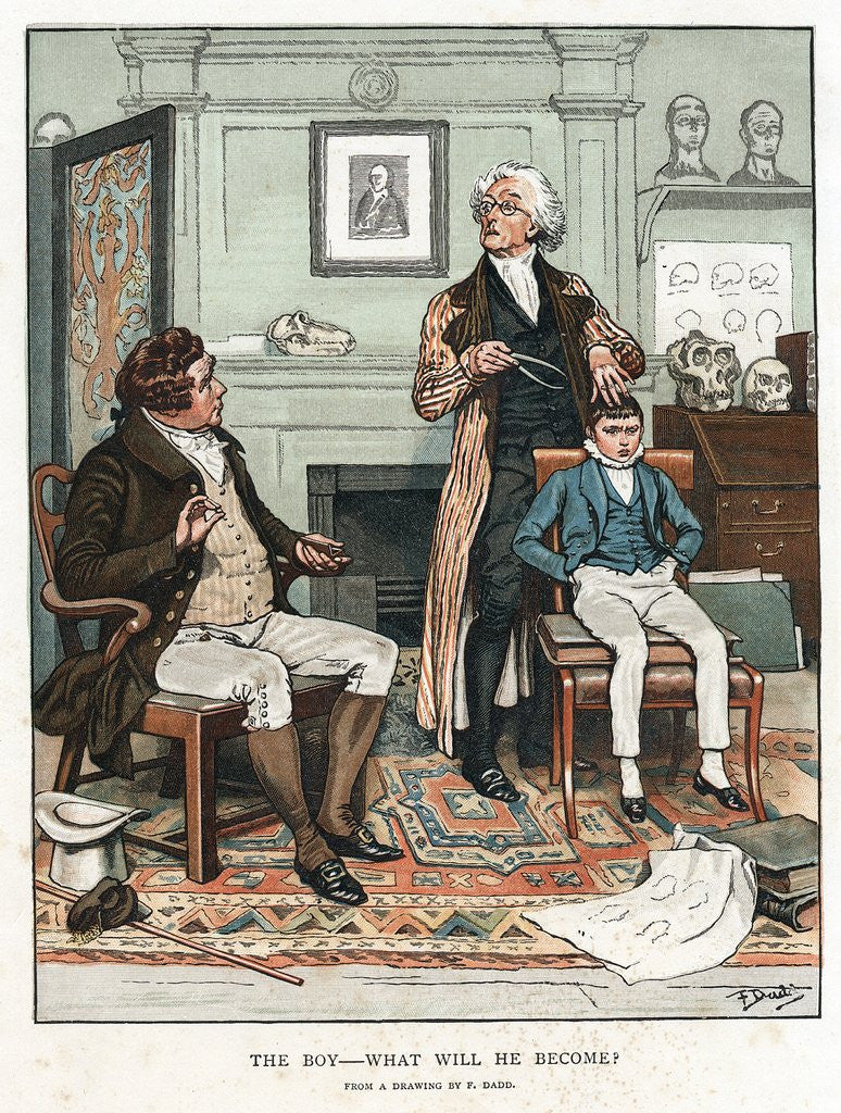 Detail of Man practicing phrenology on boy by Corbis