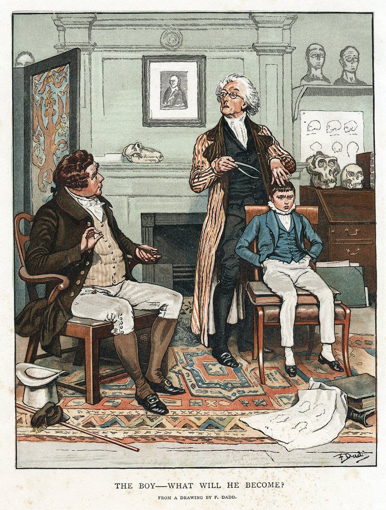 Detail of Man practicing phrenology on boy by Anonymous