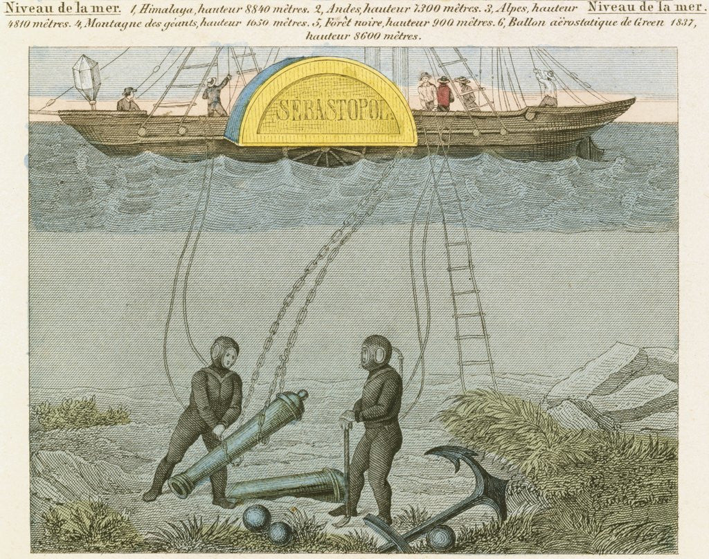 Detail of Divers salvaging guns from seabed by Anonymous