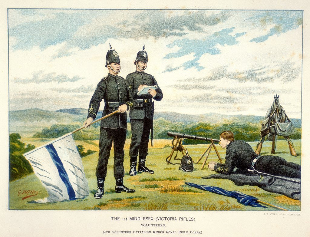 Detail of Soldiers sending a semaphore signal using flags by Anonymous