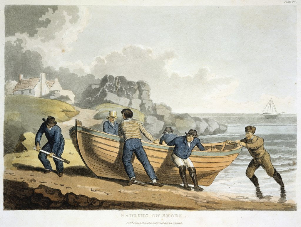 Detail of Men hauling dinghy to shore by Anonymous