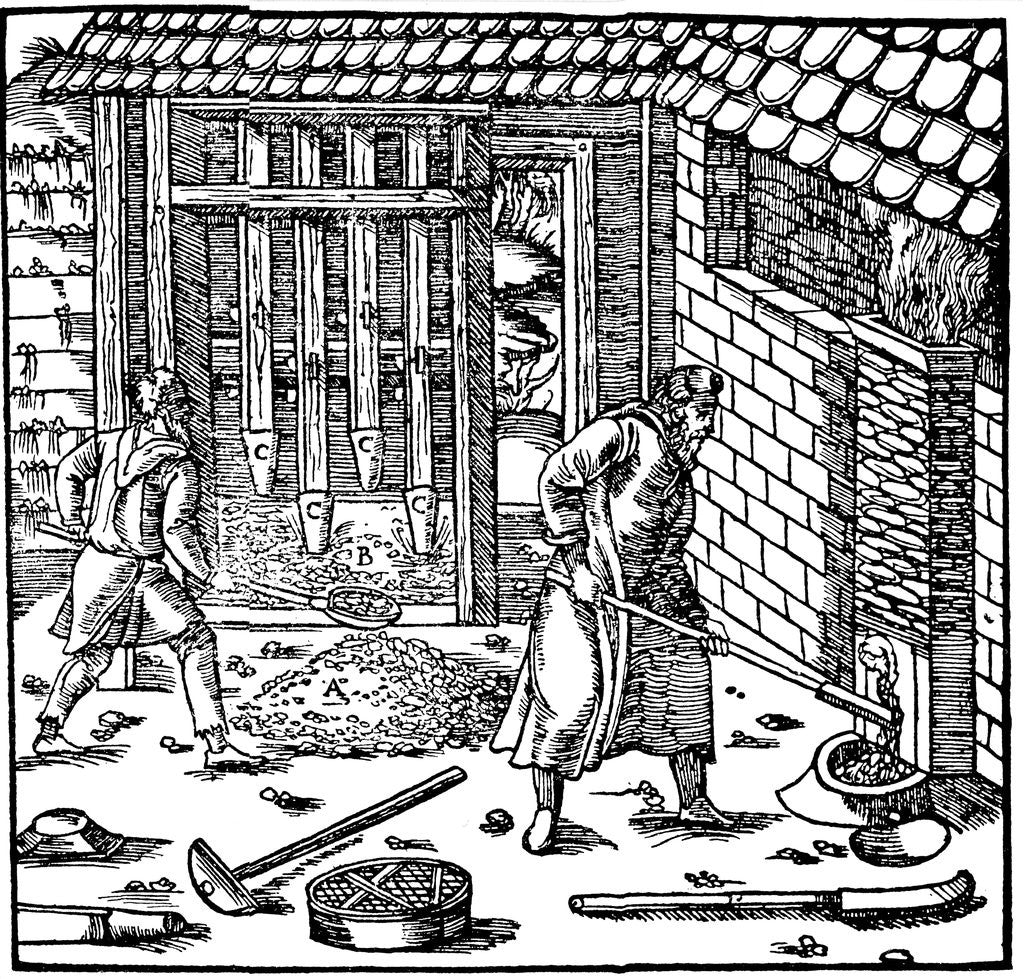 Detail of Stamping and roasting ore to extract metal by Anonymous