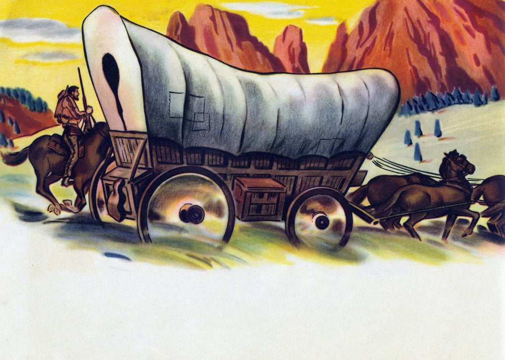 Detail of Covered wagon crossing American plains by Anonymous