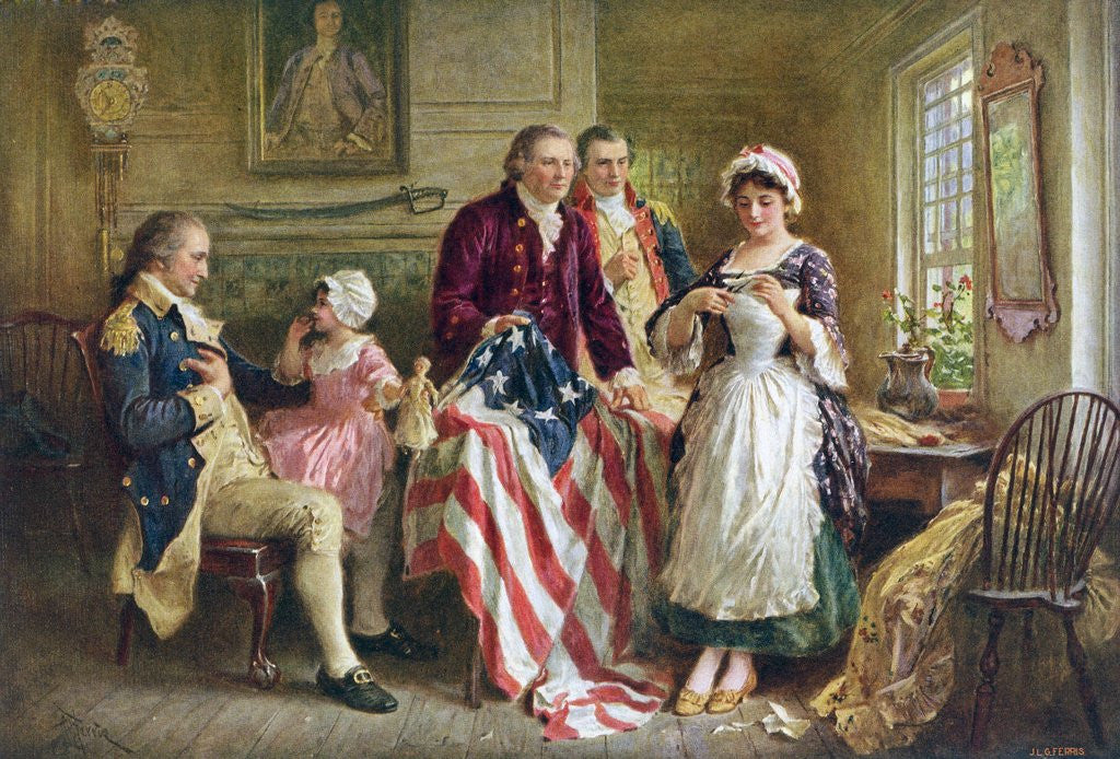 Detail of Betsy Ross working on American flag by Anonymous