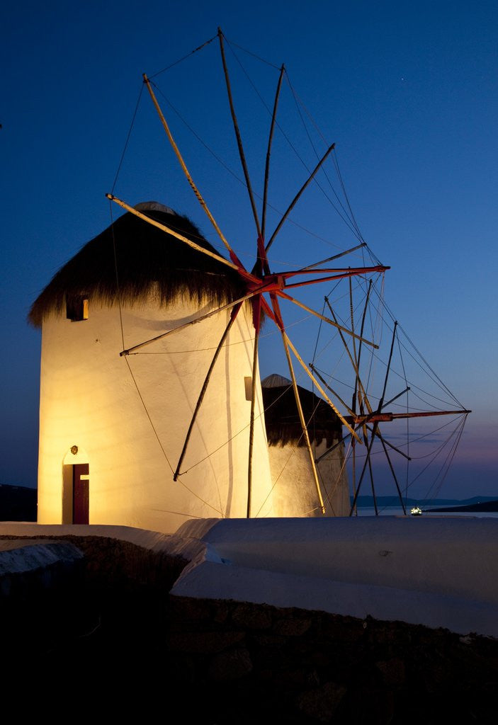 Detail of Windmills lite up at dusk, Greek Island of Mykonos by Anonymous