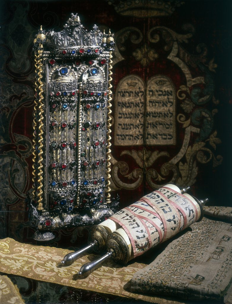 Detail of Scrolls of the Torah, Torah cover and the Ten Commandments by Corbis