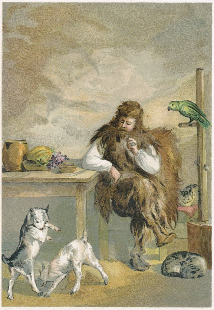 Detail of Robinson Crusoe with his animals by Anonymous