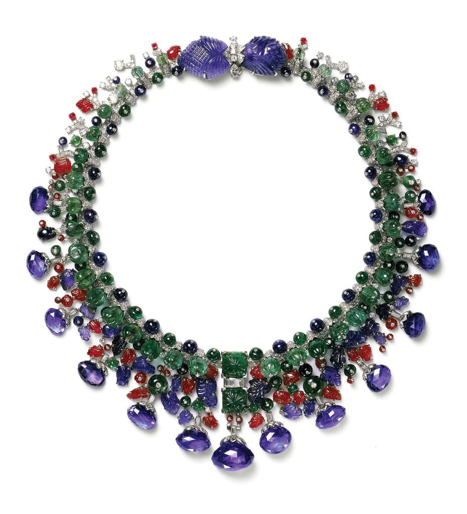 Detail of Gemstone necklace with amethyst, ruby, emerald and diamond by Anonymous