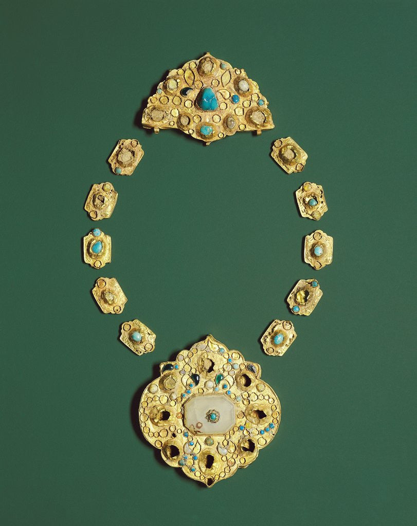 Detail of Pieces of a gold necklace with grey chalcedony, turquoise, and glass by Anonymous