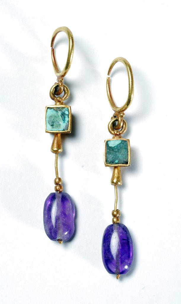 Detail of Drop earrings with gold, amethyst and emerald by Corbis