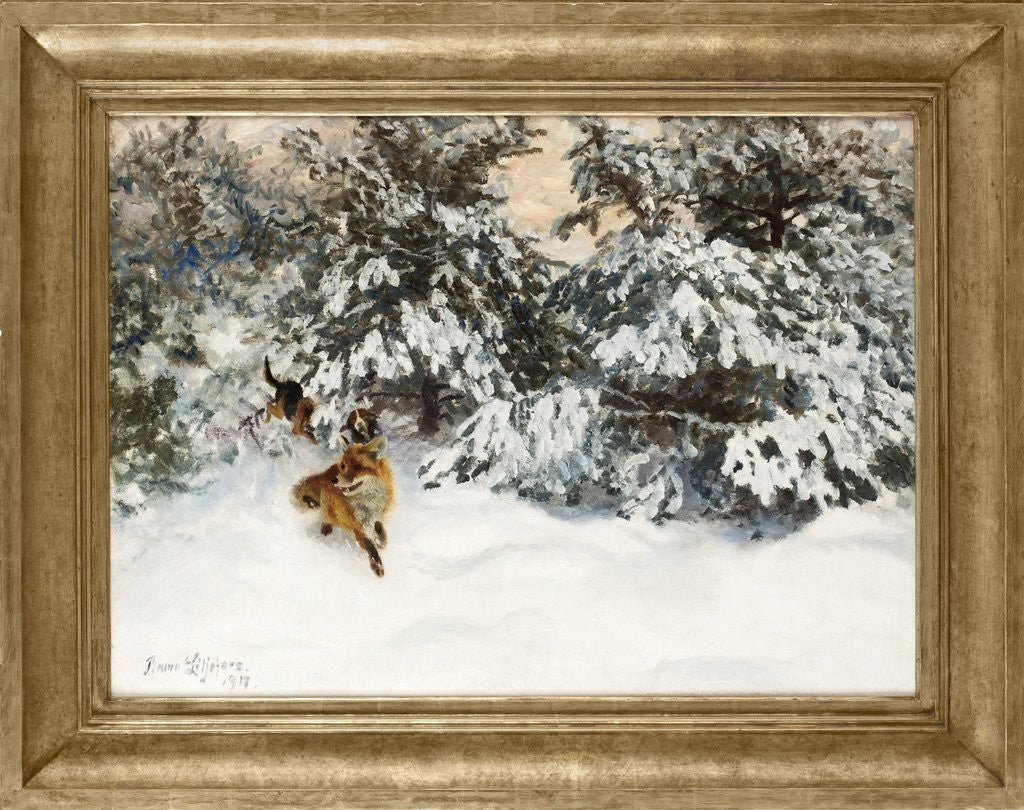 Detail of Winter Landscape with Fox and Hounds by Bruno Liljefors