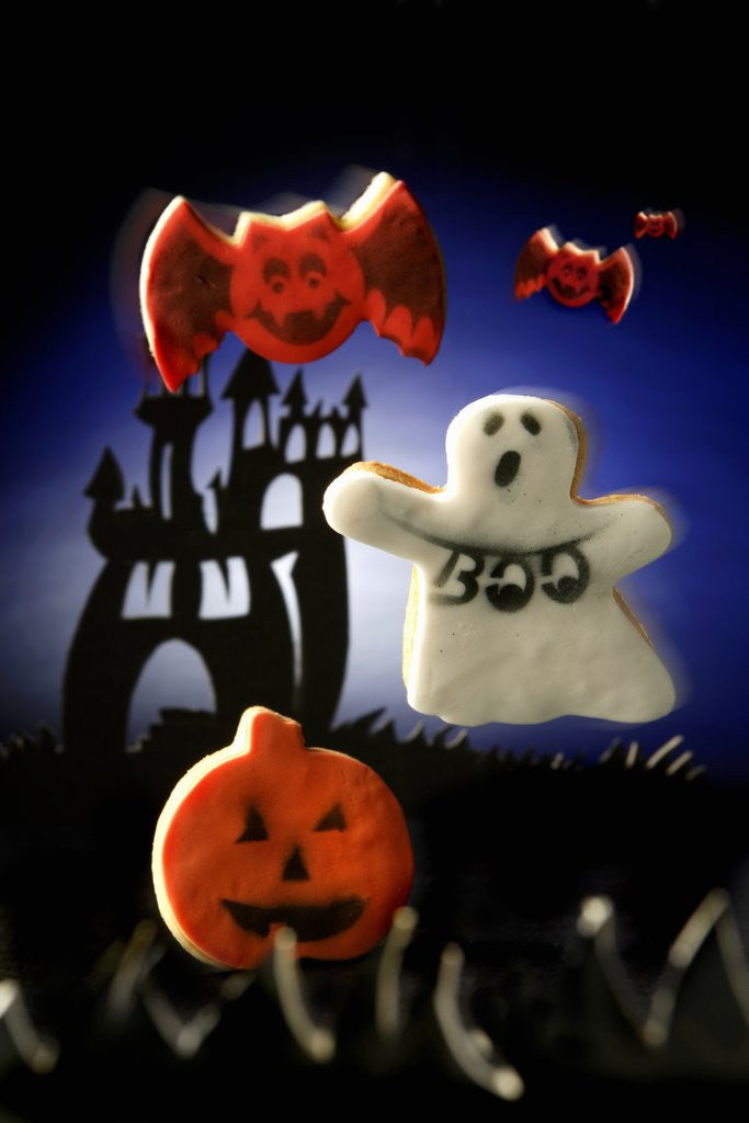 Detail of Halloween biscuits (pumpkin, ghost and bats) by Corbis