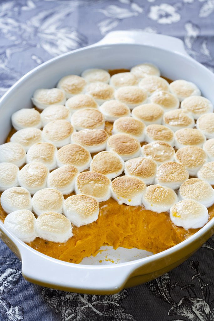 Detail of Sweet potatoes with marshmallows in baking dish by Anonymous