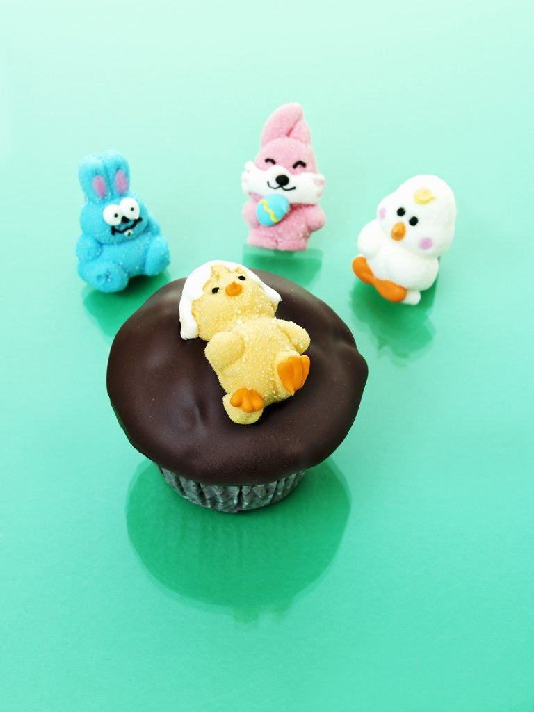 Detail of Muffin with chocolate icing and jelly chick for Easter by Anonymous