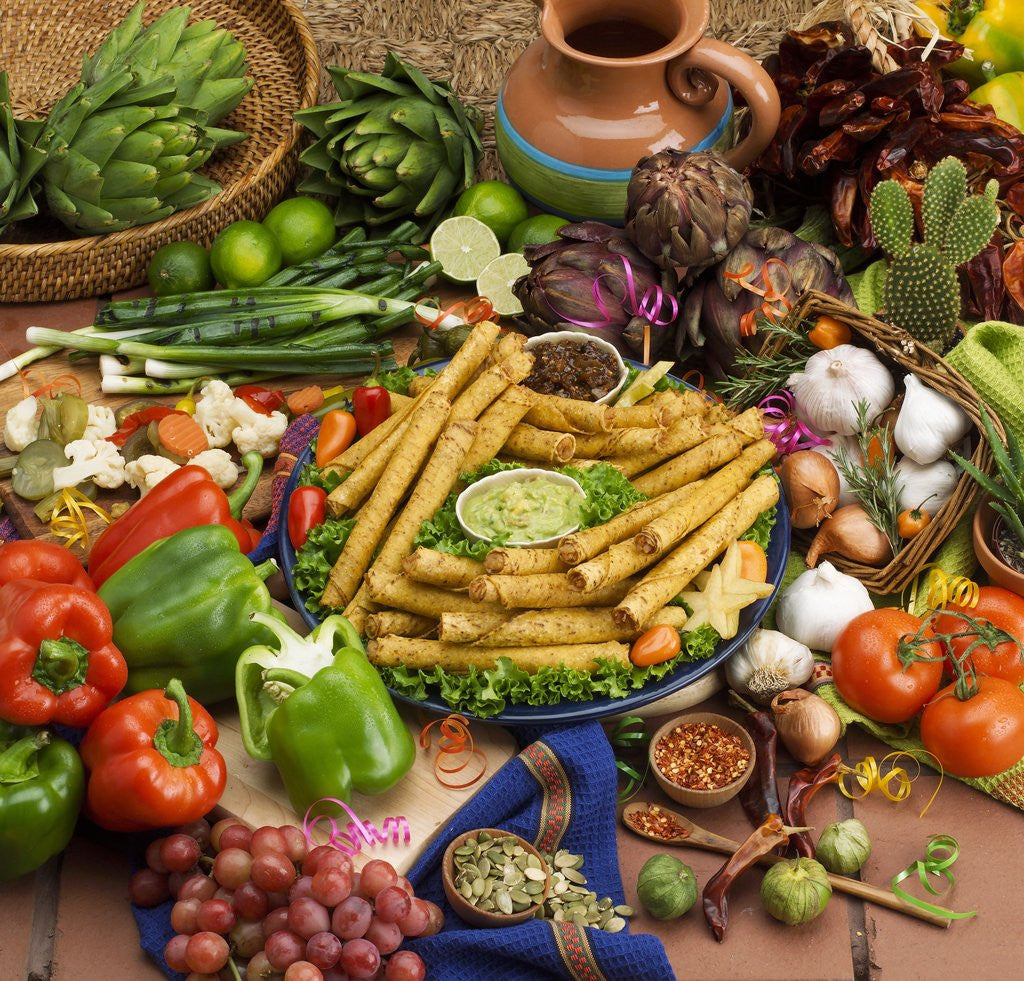 Detail of Platter of Taquitos Surrounded by Fresh Produce by Anonymous