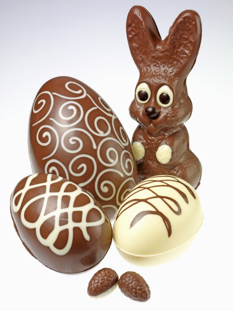 Detail of Chocolate Easter Bunny and chocolate eggs by Anonymous