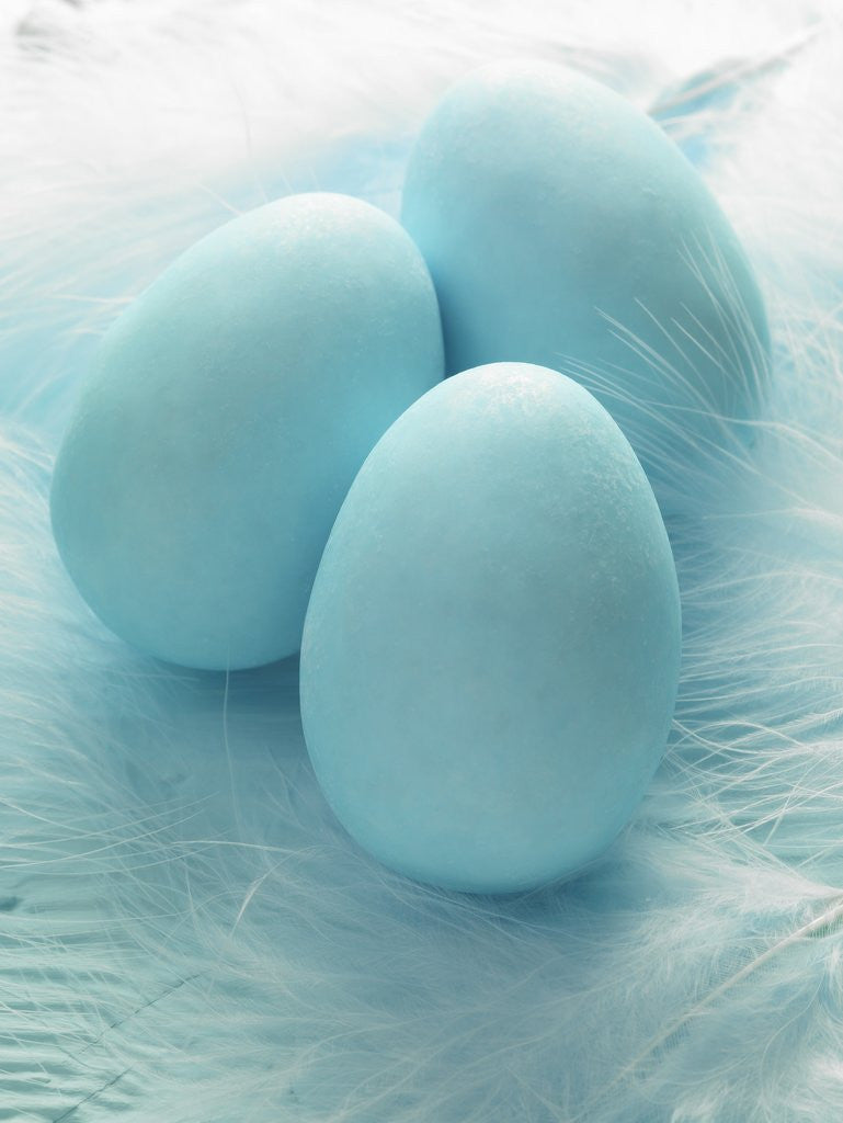 Detail of Three blue Easter eggs on feathers by Anonymous