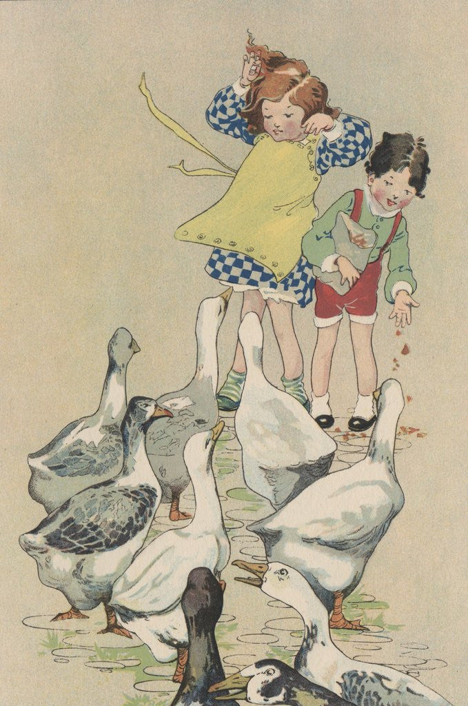 Detail of Illustration of children feeding geese by Corbis