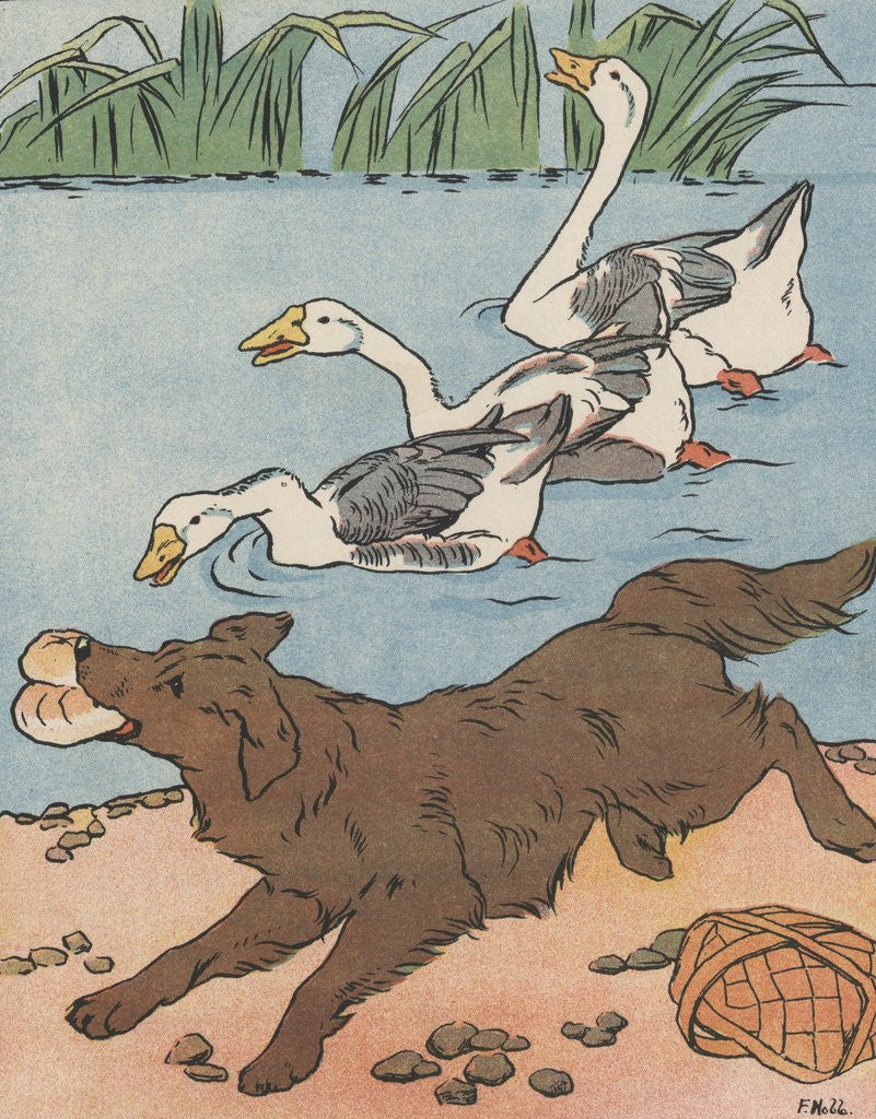 Detail of Illustration of geese honking at dog stealing food from basket by Anonymous
