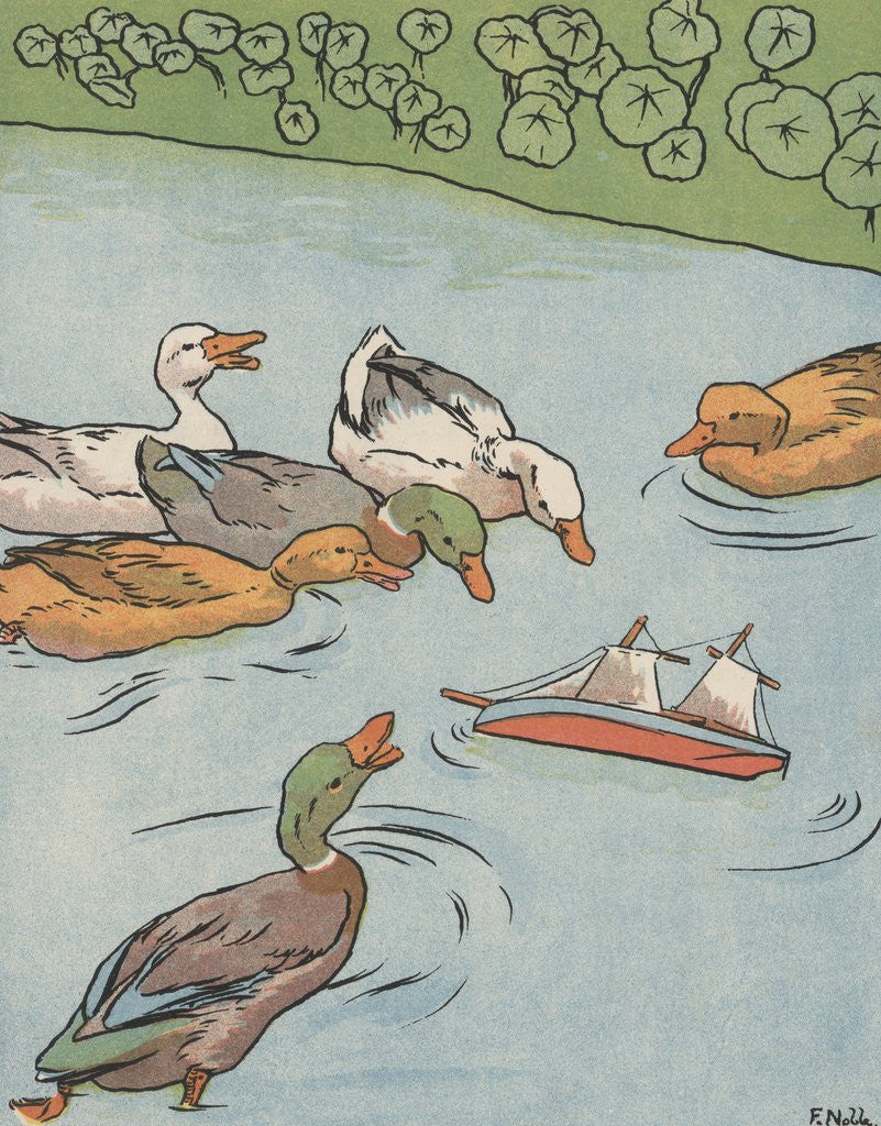 Detail of Illustration of ducks looking at overturned toy boat by Anonymous