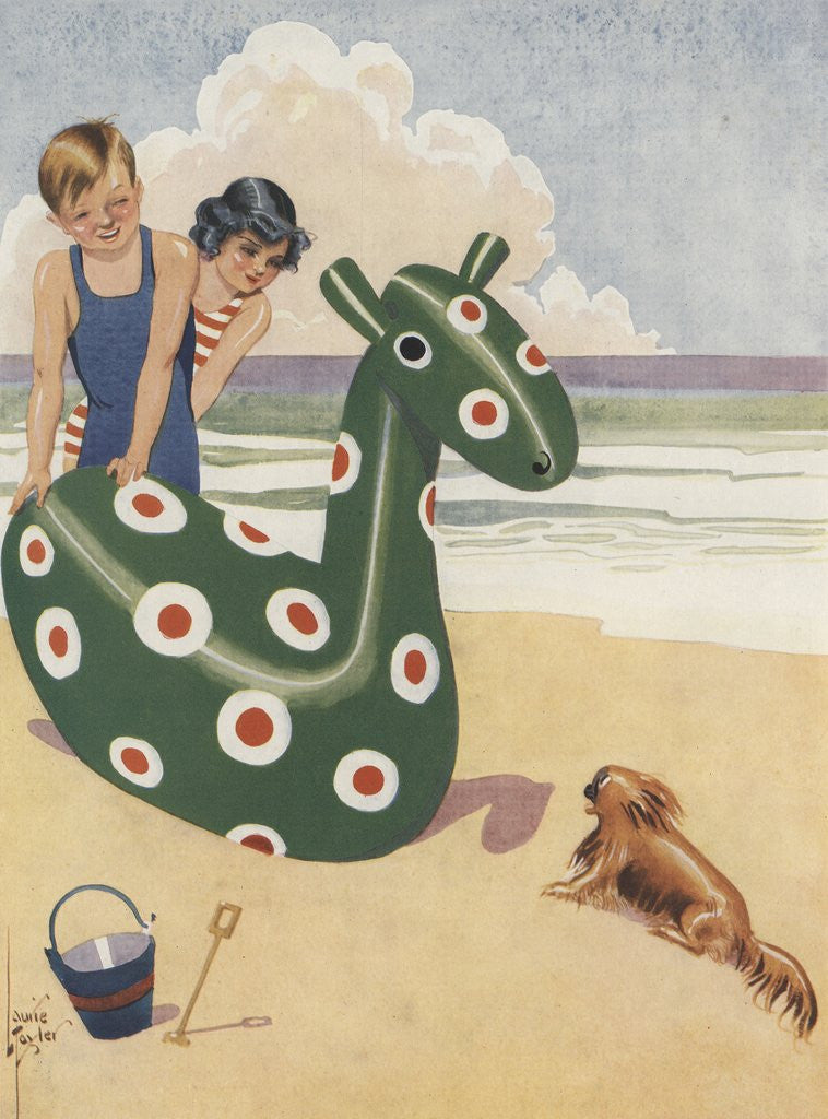 Detail of Illustration of dog frightened by inflatable beach toy by Anonymous