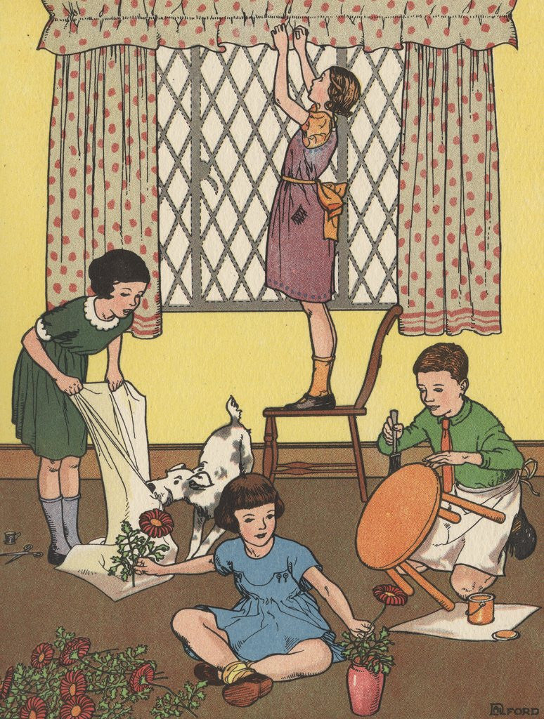 Detail of Illustration of children working on household projects by Anonymous