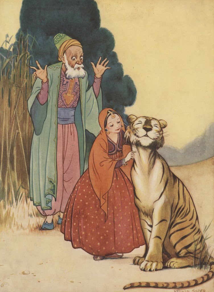 Detail of Illustration of man and girl with tiger by Anonymous
