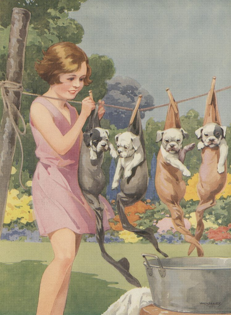 Detail of Illustration of girl hanging puppies in stockings by Anonymous