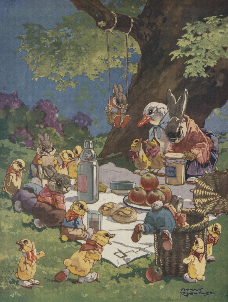 Detail of Illustration of rabbits and ducks at picnic by Anonymous