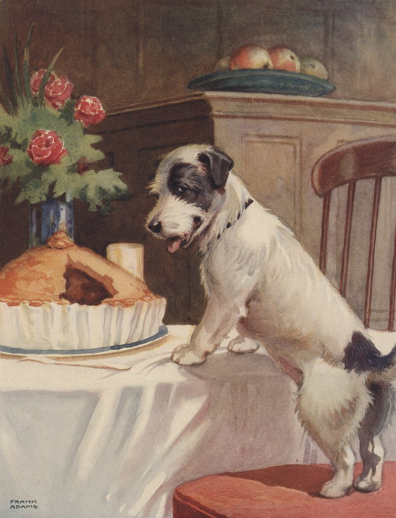 Detail of Illustration of dog eyeing pie on table by Anonymous