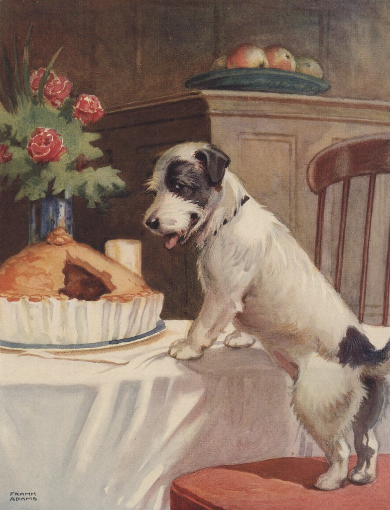 Detail of Illustration of dog eyeing pie on table by Corbis